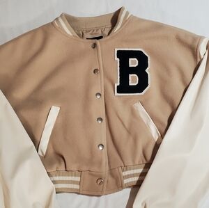 Tan and Cream Varsity Jacket with Letter B. SZ L
